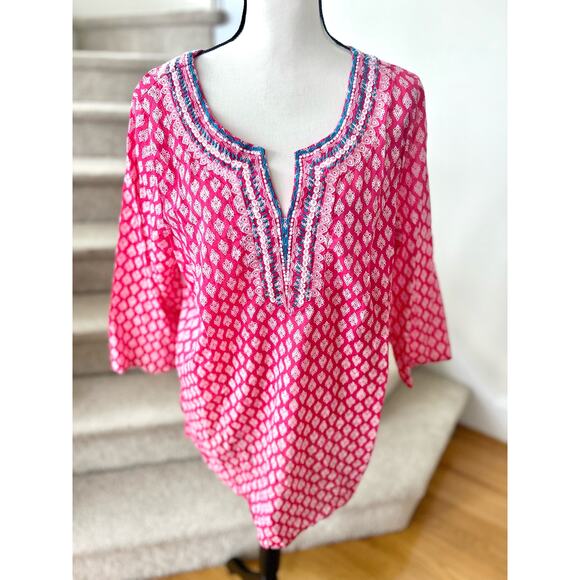 Talbots Hot Pink & White Block Print Embroidered Tunic - Picture 1 of 8